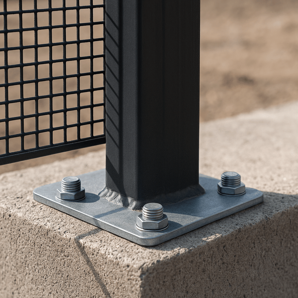 Poteau de clôture ajourée fixé sur un support maçonné par une platine visible