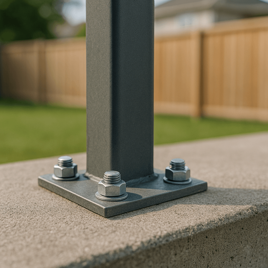 Poteau de clôture fixé sur platine au-dessus d’un support en béton