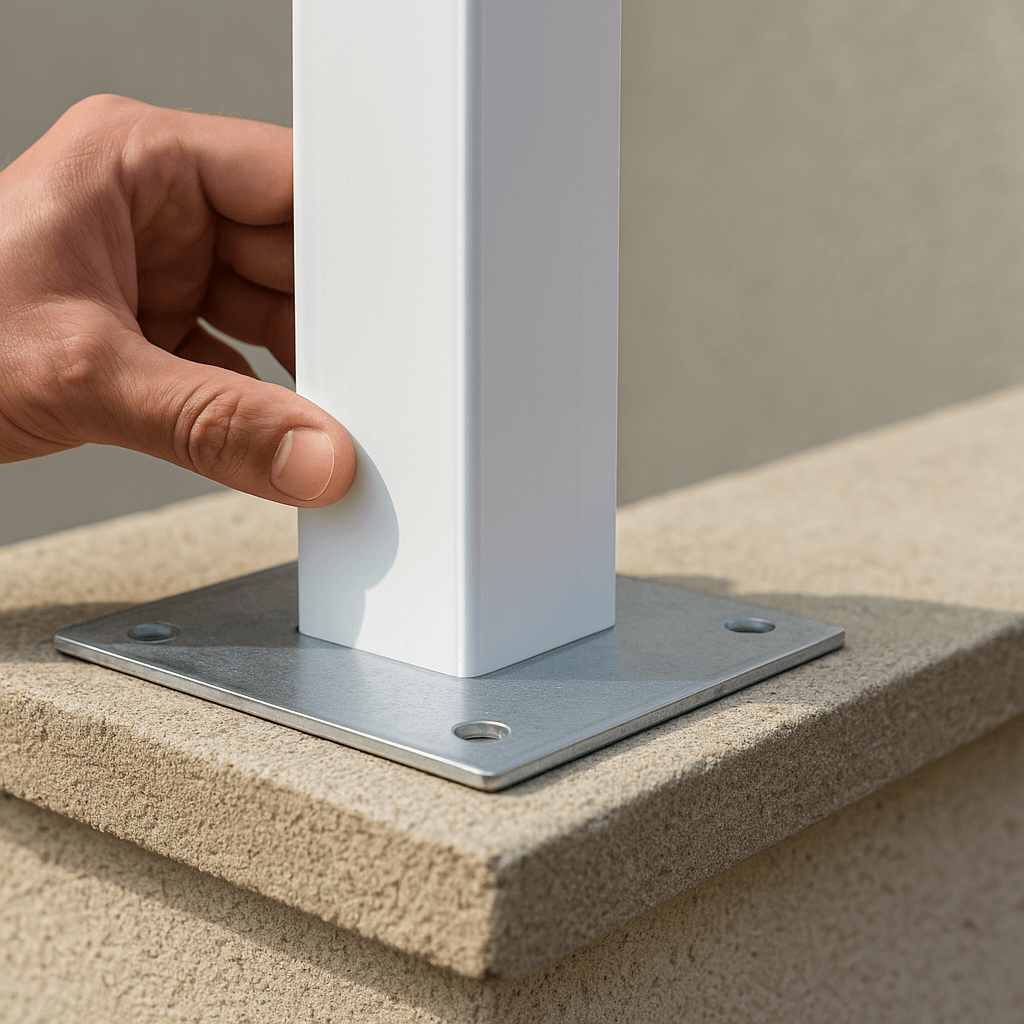 Platine et poteau PVC présentés sur le couronnement d’un muret