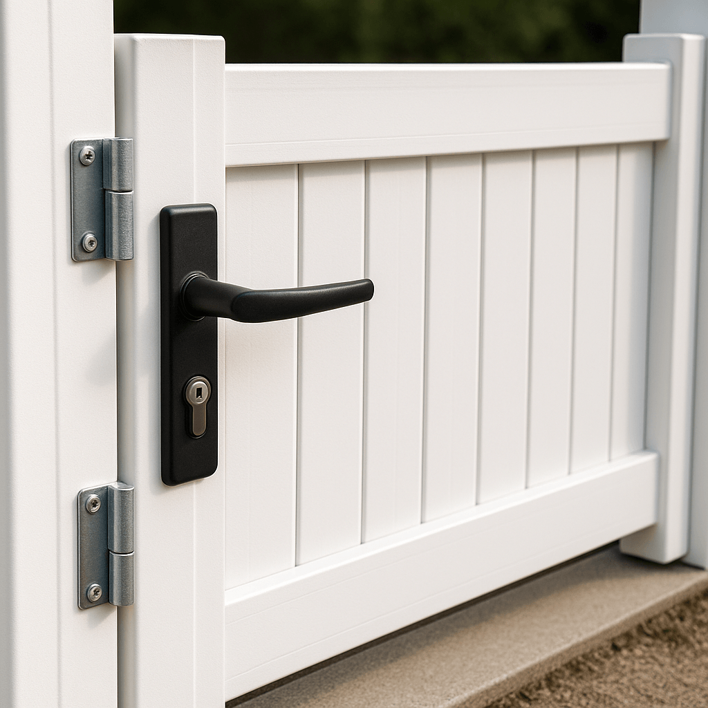 Détail d’un portillon PVC entre poteaux avec gonds, serrure et seuil visibles