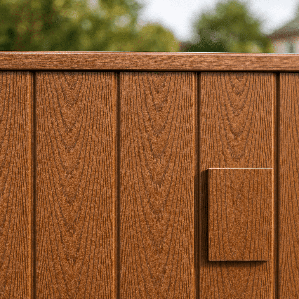 Détail du veinage répété sur un panneau de portail PVC imitation bois