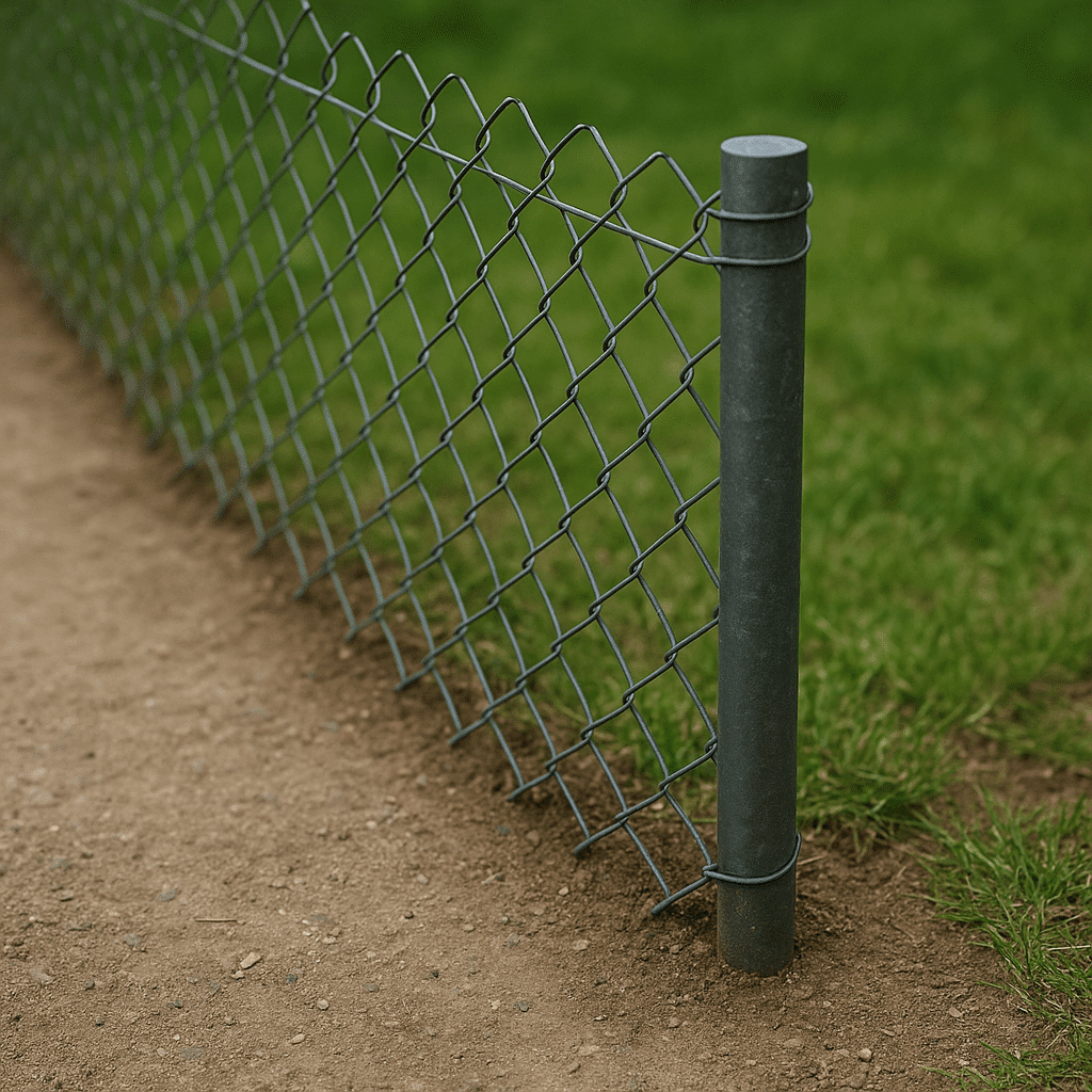 Détail d’un grillage souple et de son poteau à l’extrémité d’une ligne de jardin
