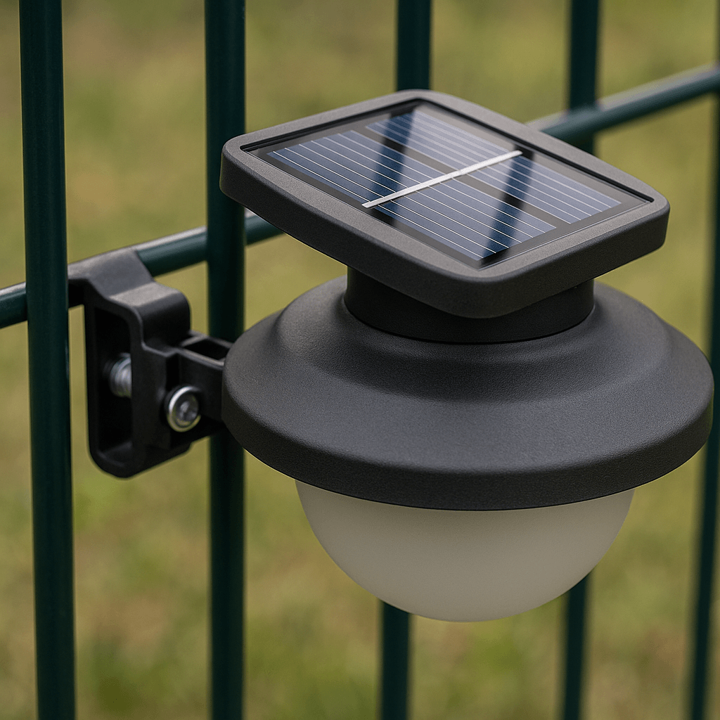 Détail de la lampe solaire et de sa fixation sur le grillage rigide