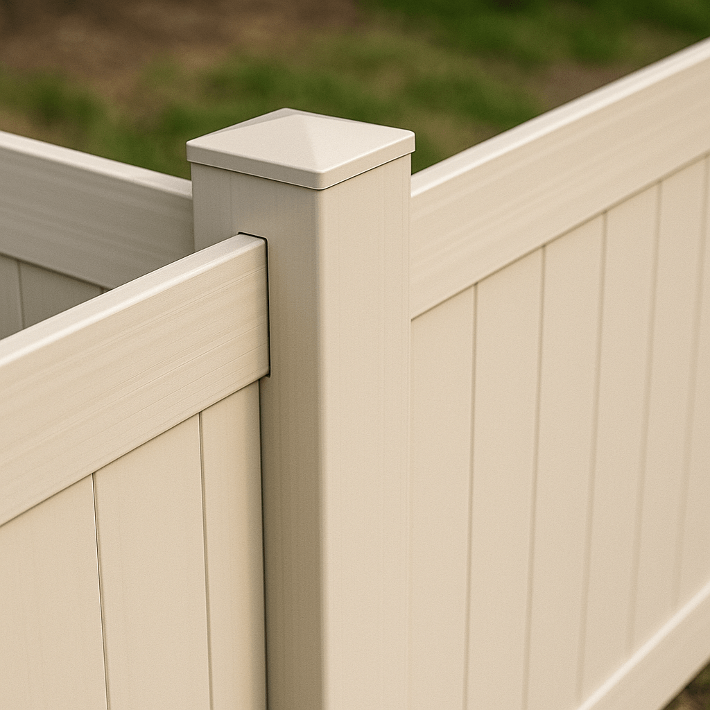Poteaux en PVC disposés en ligne avec un angle de clôture visible