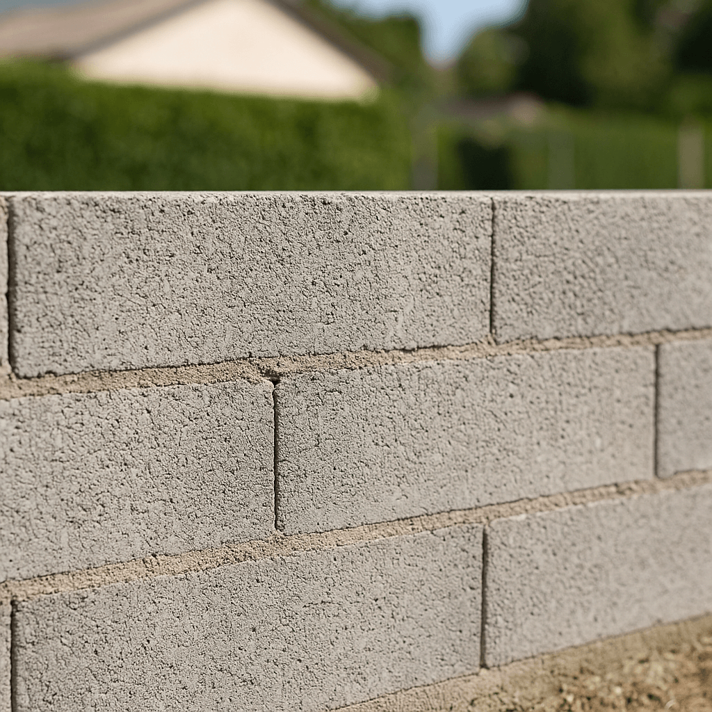 Blocs de parpaing et joints de mortier visibles sur une clôture